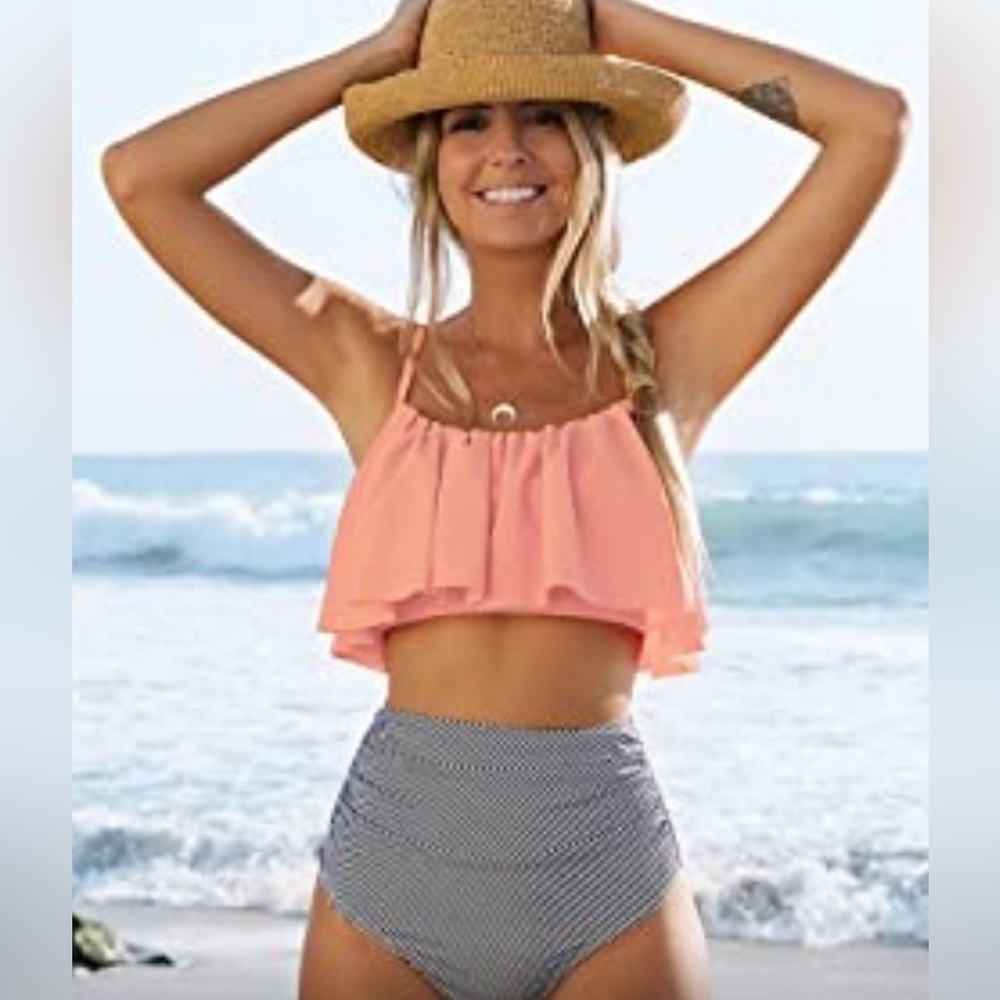 🆕 Cupshe Coral and Black Striped Bikini Set NEW